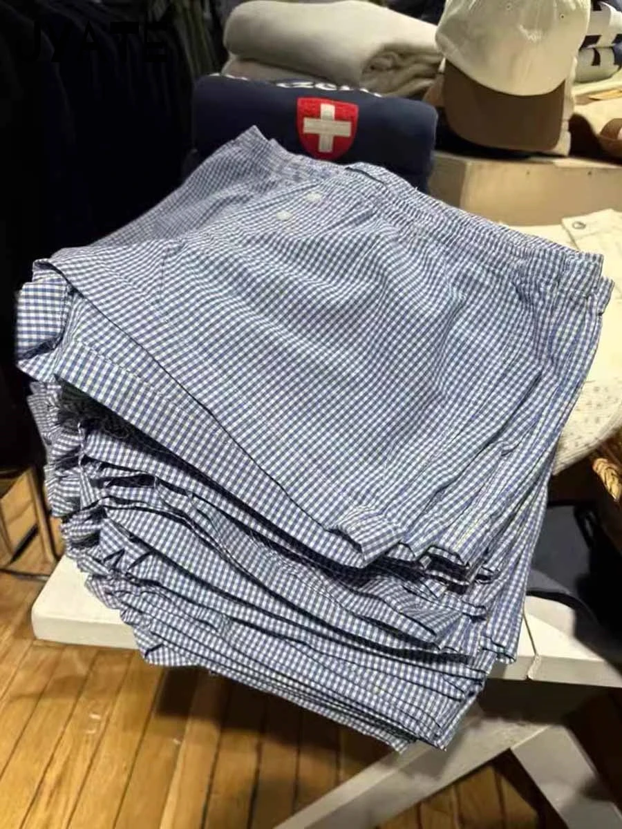 Blaue karierte Druck knöpfe kurze Hose Frauen Sommer neue Baumwolle Straße einfache elastische Taille nach Hause Unterwäsche Vintage lässige y2k Shorts