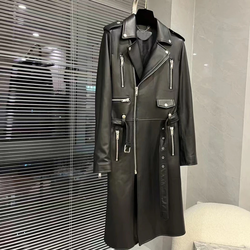 High Quality Women's Import Sheepskin Coat Spring Long Length Locomotive Model Style Jacket with Belt
