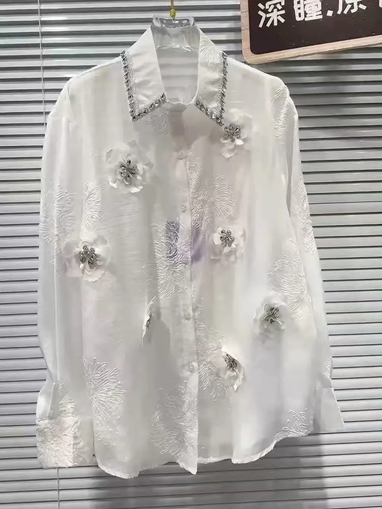 

New Trend 2025 Diamonds Flowers Stitch White Party Shirts Blouses For Women's Long Sleeve Loose Casual Sunscreen Tops Blusas