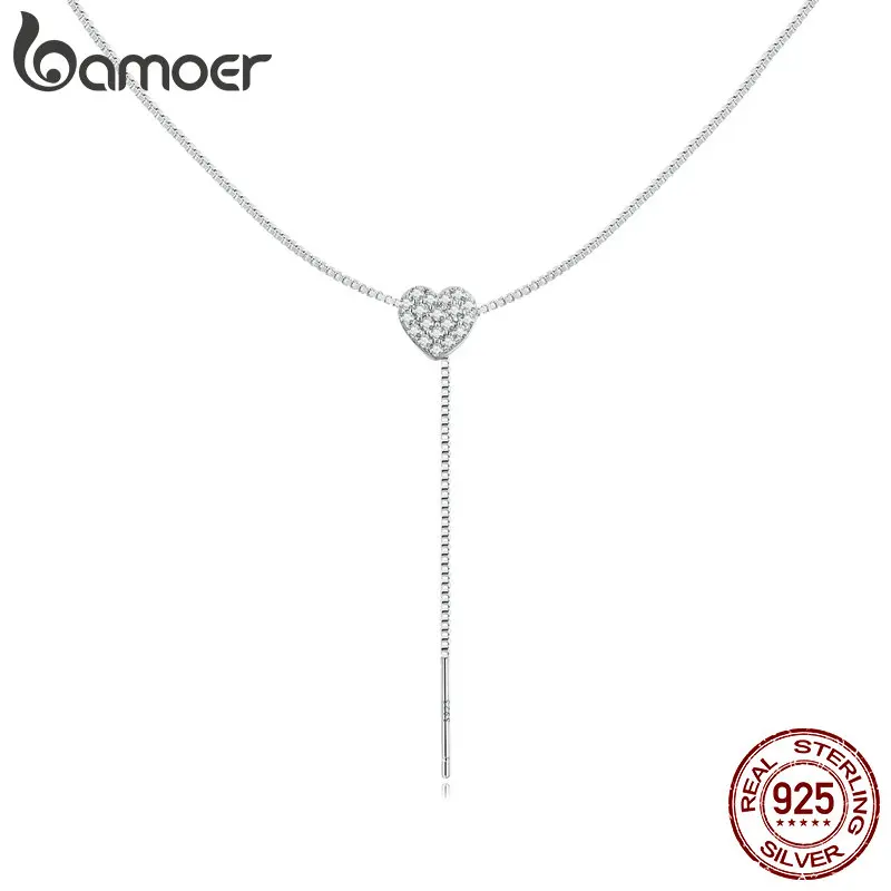 Bamoer 925 Sterling Silver Brilliant Heart Necklace for Women Minimalist Long Box Chain Choker Fine Jewelry Party Gift BSN260