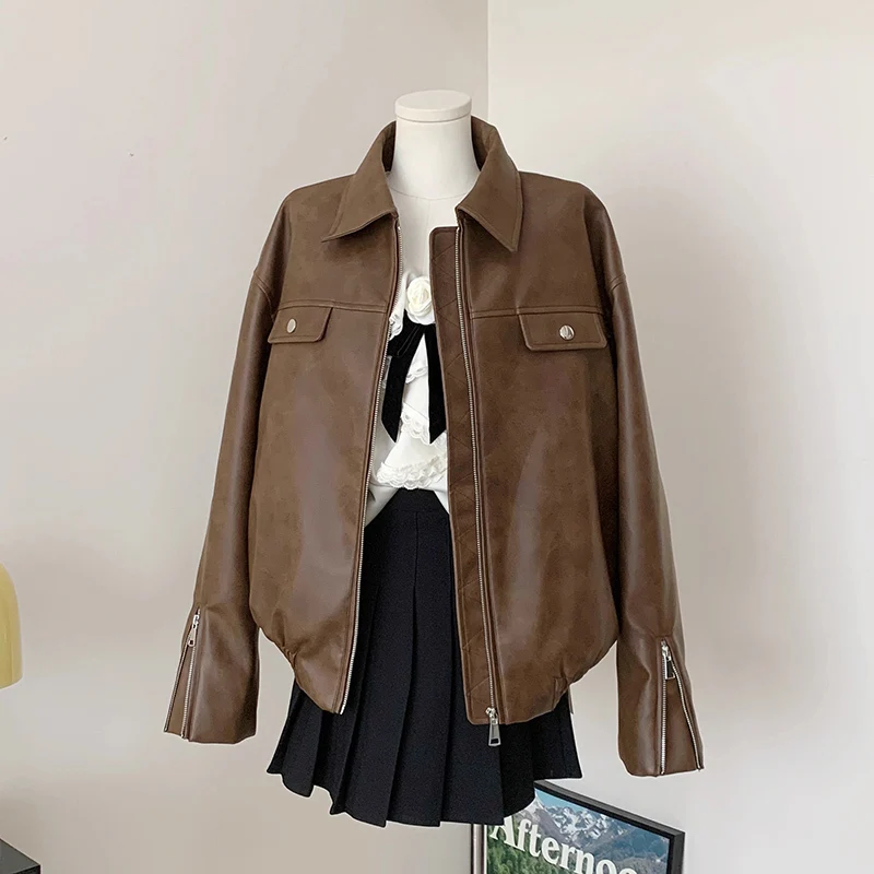 Vintage Short Brown Faux PU Leather Coat Women Spring Autumn Casual Lapel Long Sleeve Female Motorcycle Biker Jacket Streetwear