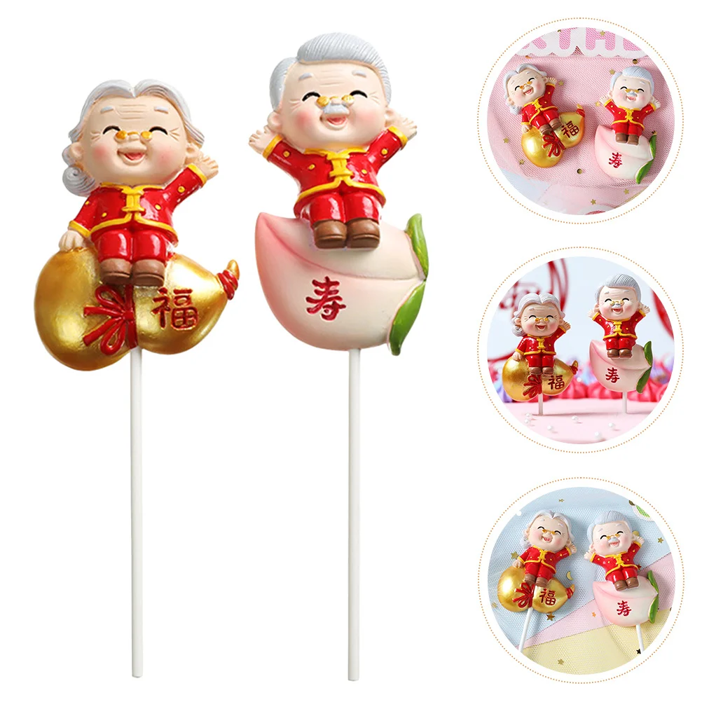 

2Pcs Elegant Elderly Couple Cake Insert Gentle Resin Material Chic Design Birthday Cupcake Dessert Topper Cake Topper