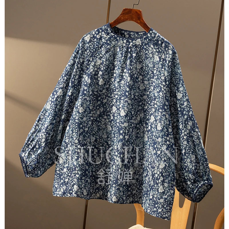 2025 Ramie Retro Literary Floral Lantern Sleeve Stand-up Collar Shirt New Female Long Sleeve Top and Blouse Women