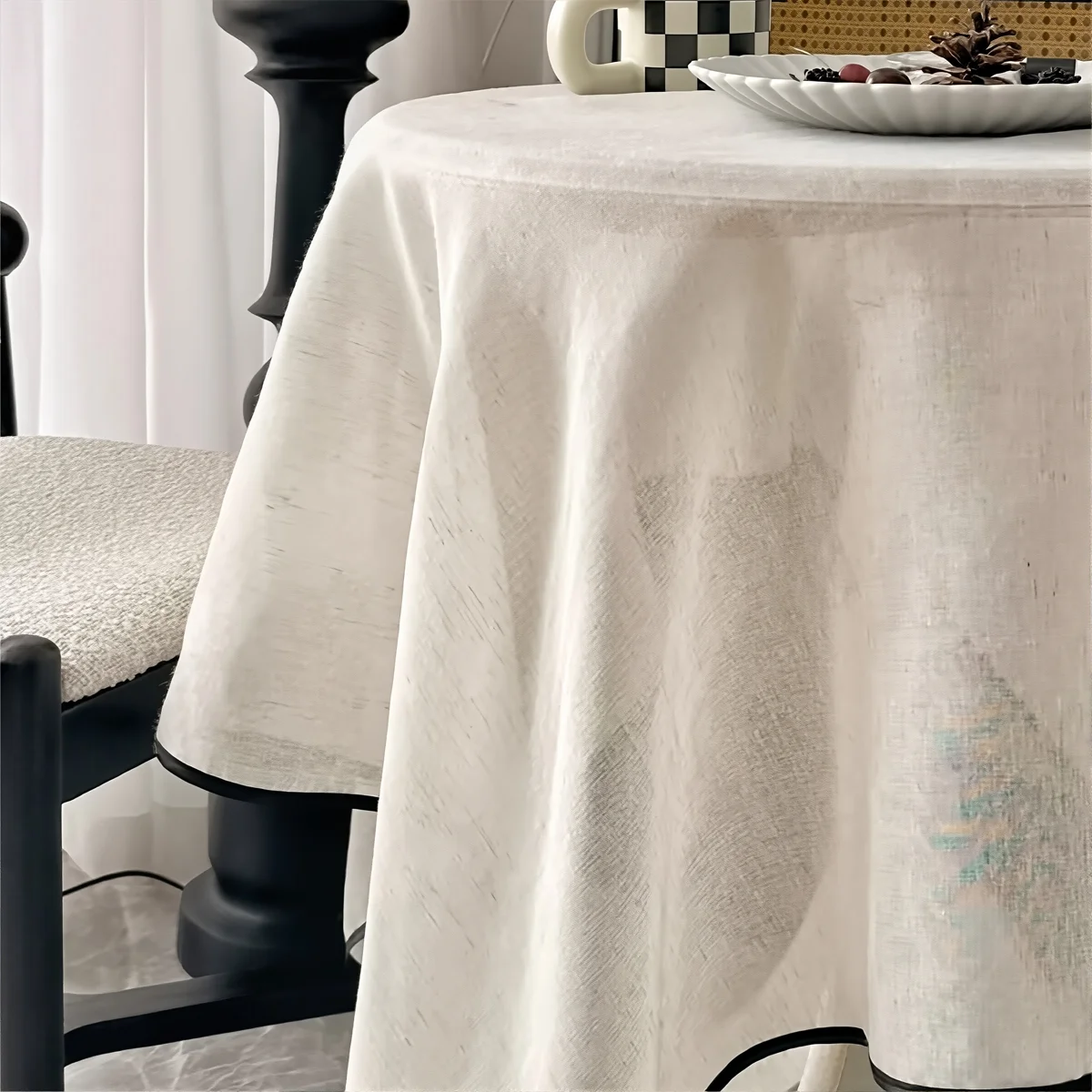 1PCS White Linen-Look Tablecloth, Versatile Black Edge Cover for Daily & Special Occasions