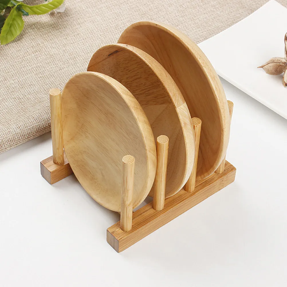 Dish Rack Organizer Bamboo Wood Lid Holder 3 Slots Kitchen Rack for Plates Bowls Cutting Boards Bakeware Storage