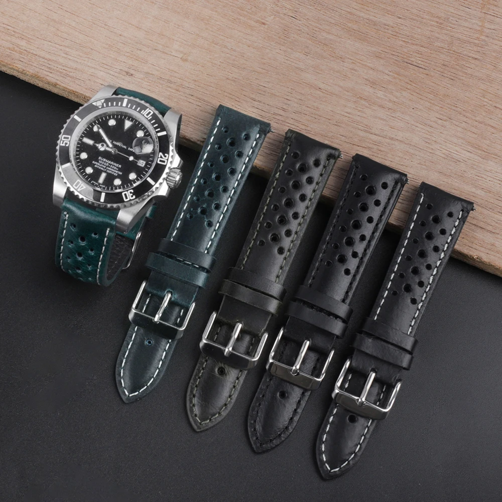 Handmade Black Oil Wax Watch Band 18mm 19mm 20mm 21mm Waterproof Porous Breathable Genuine Leather Watch Strap for Men Women