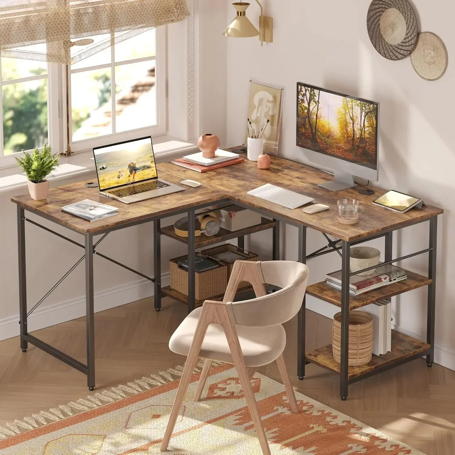 

L Shaped Desk with Shelves 86.6 Inch Reversible Corner Computer Desk or 2 Person Long Table