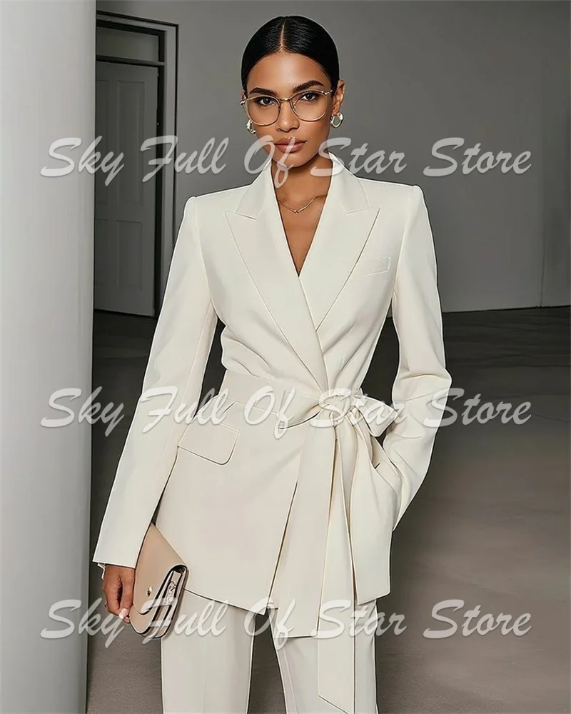 Ivory Women Suit Set 2 Pcs Belt Wrap Blazer+Straight Pants Custom Formal Office Business Wedding Evening Party Lady Jacket