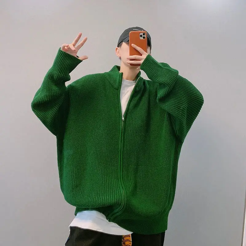 Men Zip Up Knit Cardigan Stand Collar Loose Drop Shoulder Solid Color Sweater Autumn Winter Casual Versatile Pullover