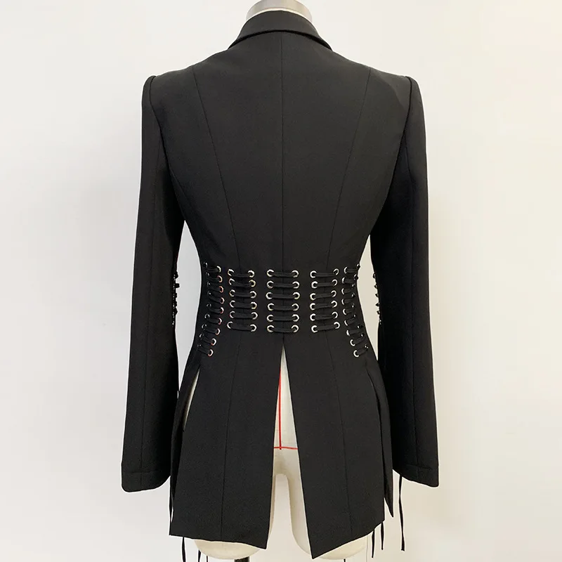 Chaqueta de manga larga con solapa para mujer, abrigo con agujeros de metal, aberturas de cuerda, blazer delgado de un botón