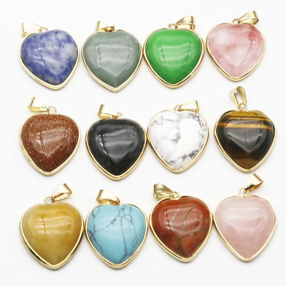 Natural Stone Mixed Color Crystal Agate Heart Phnom Penh Necklace Pendant Quality Charm Jewelry Gift Accessories Wholesale 10Pcs