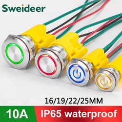 16/19/22/25mm Waterproof Metal Push Button Switch 10A LED Light Momentary Latching Car Engine Power Switch 3-6V 12-24V 220V Red