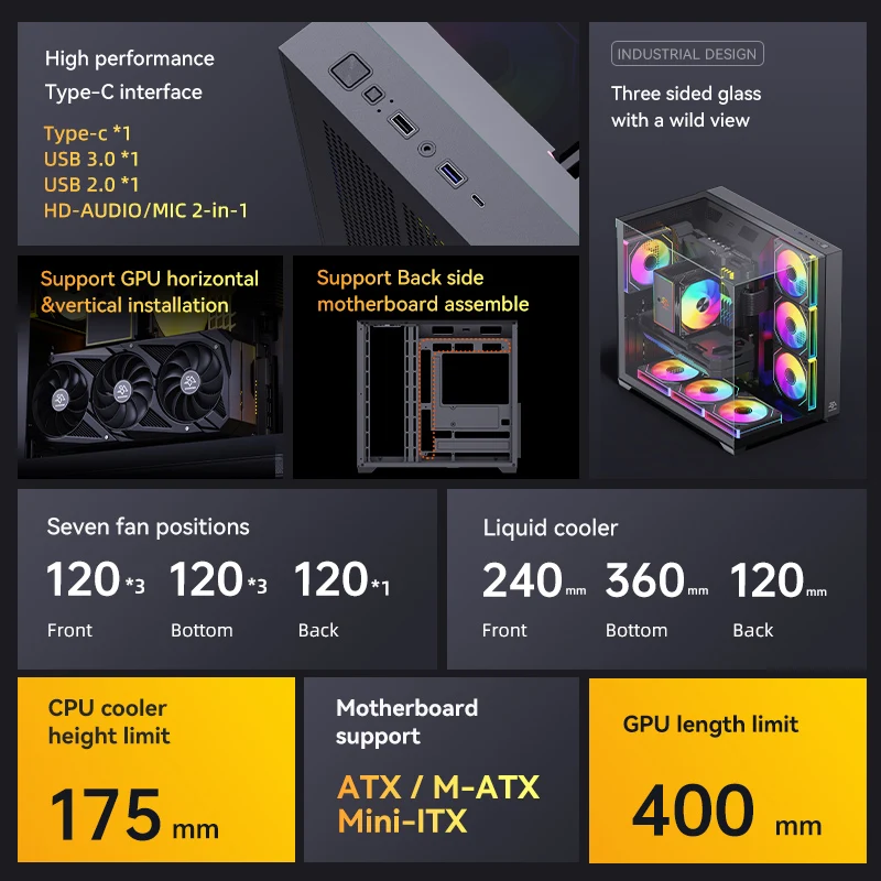 تصميم جديد CS015 Pro حافظة كمبيوتر واسعة لتدفق الهواء العالي مع زجاج مقسى كامل الرؤية لـ ATX / M-ATX / Mini-ITX