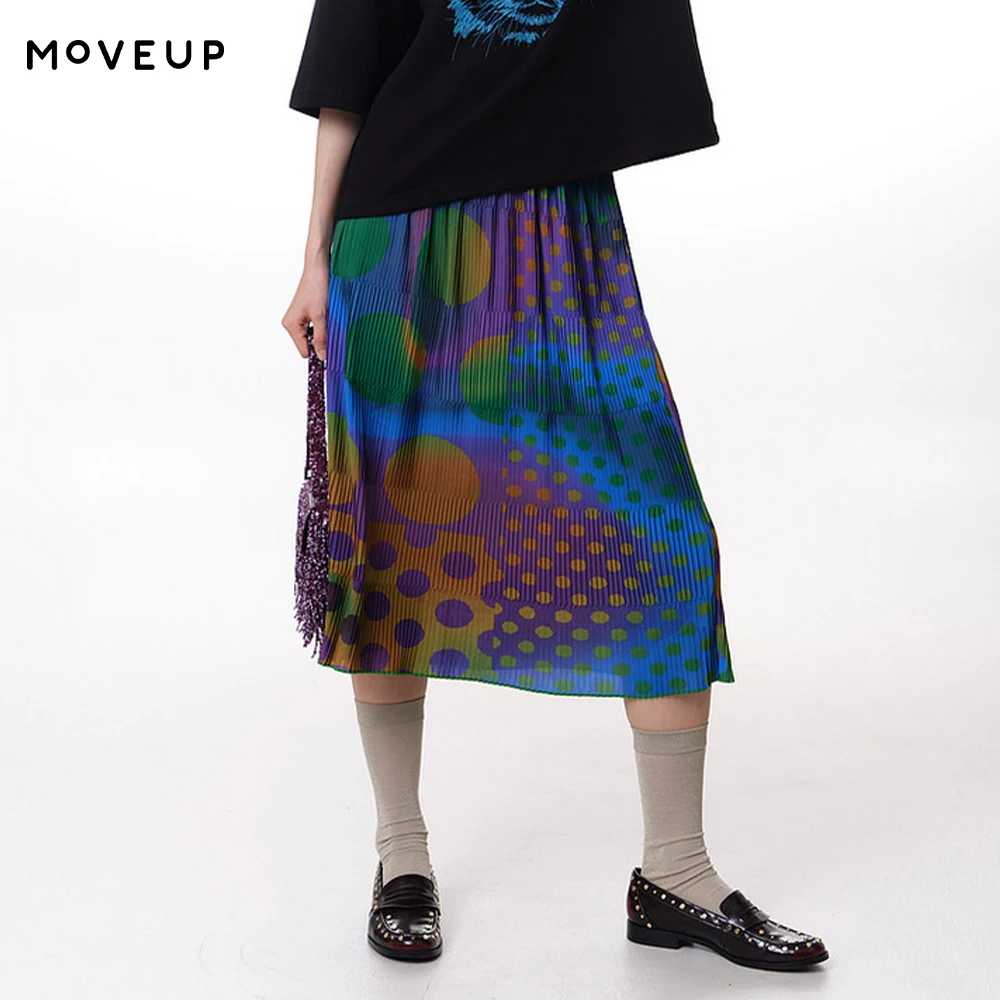 MOVEUP A-line Skirt 2026 Spring New Elastic Waist Colorful Polka Dot Print Striped Pleated Commuter Casual Skirt Women 3ELC20604