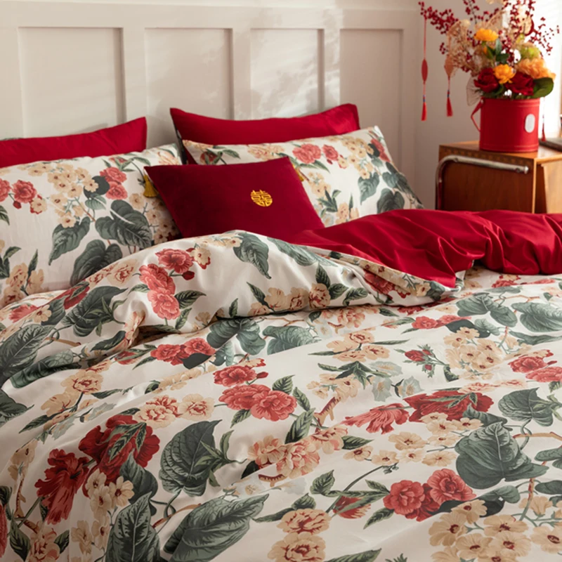 Four-Piece Red Wedding Bedding Set Happy Quilt Plant Flower Satin Cotton High-End Room Fashion Simple 1.8M Fitted Sheet Printing