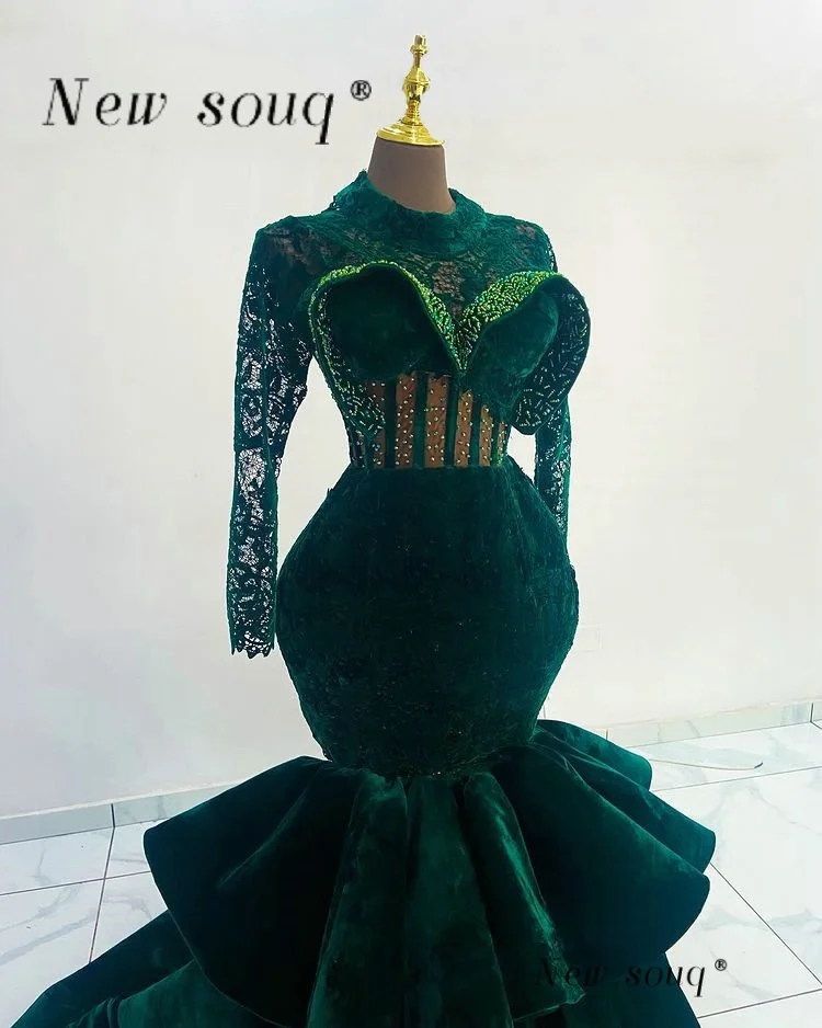 Dark Green Mermaid Long Sleeves Velvet Evening Dresses Customized Tiered Beaded Elegant Formal Wedding Party Gowns for Women