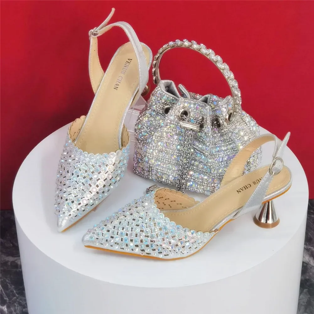 Shiny Gold Rhinestone Shoe & Bucket Bag Set | Pointed Crystal Heels, Womens Lux Wedding Eve Bridal Formal Prom Match Purse Kits