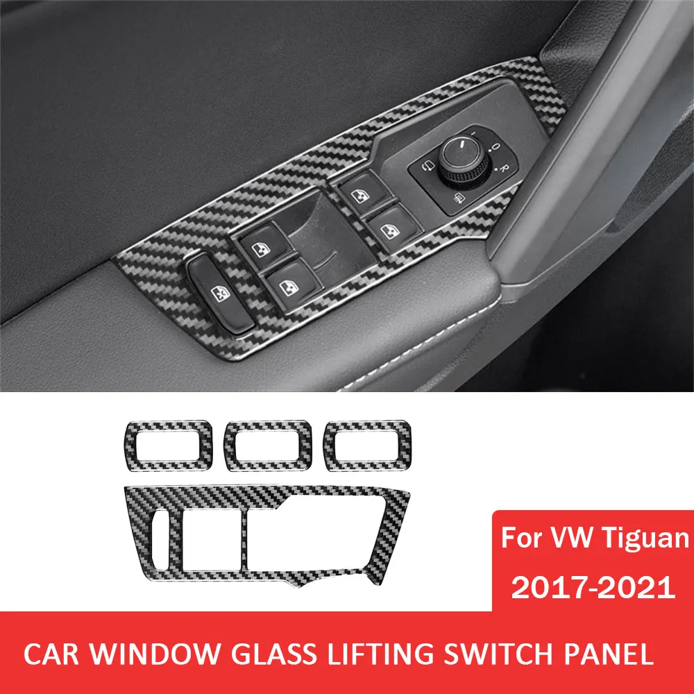 

4pcs Car Window Glasses Lifting Switch Trim Sticker Carbon Fiber for Volkswagen VW Tiguan 2017-2021 Auto Interior Accessories