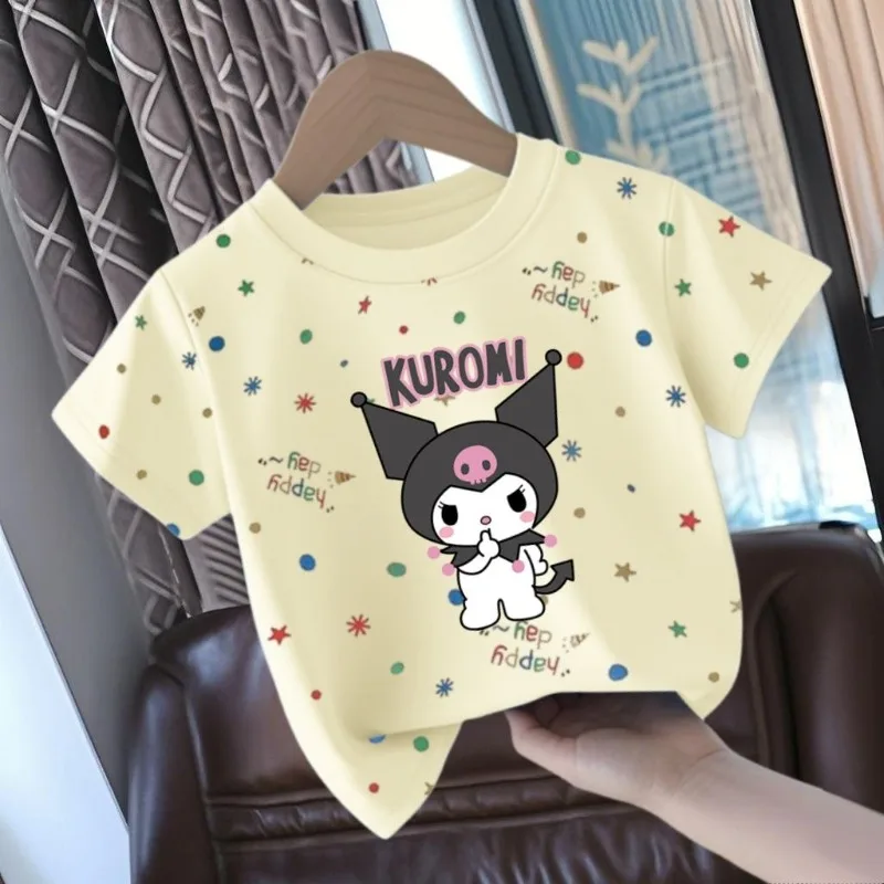New Sanrio Anime Kawaii My Melody Kuromi 코튼 반소매 셔츠 귀여운 베이비 Cinnamoroll 프린트 까마귀 탑 선물 어린이를위한