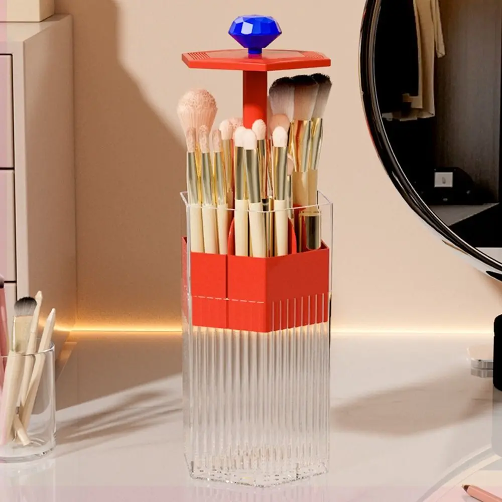 Plastic Automatic Lifting Makeup Brush Holder Press Type Large Capacity Makeup Brush Organizer Dustproof with Lid