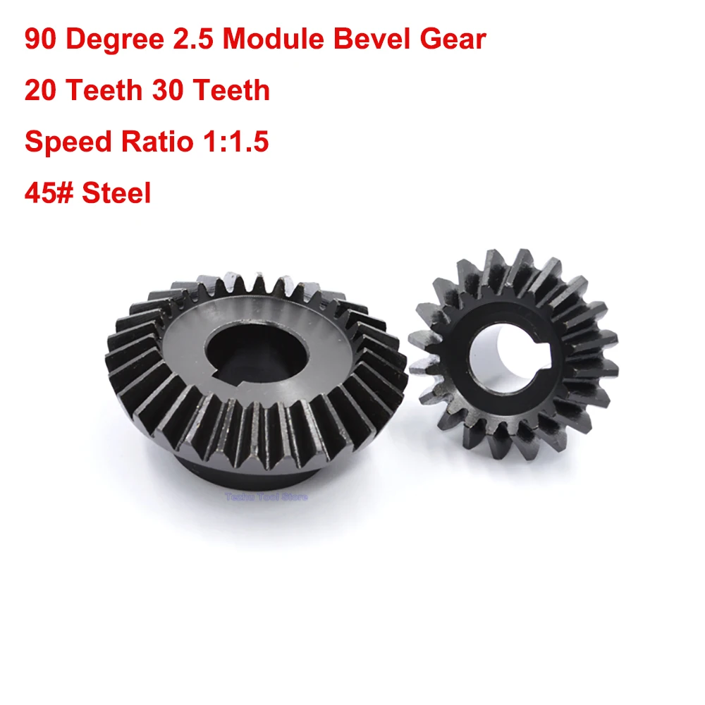 

1PCS 2.5 Module 90 Degree Bevel Gear 45# Steel 20 Teeth 30 Teeth Meshing Angle Gear Bore 14mm-30mm Speed Ratio 1:1.5