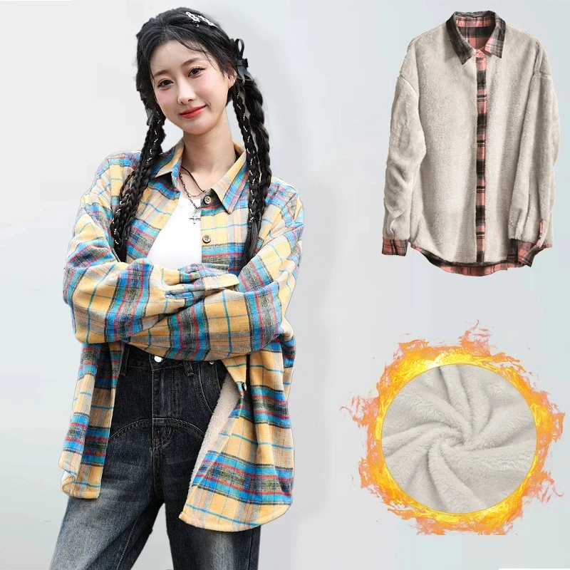 เสื้อเชิ้ตลายตารางฮาราจูกุทรงโอเวอร์ไซส์สำหรับผู้หญิง ฤดูใบไม้ร่วง ฤดูหนาว บุผ้ากำมะหยี่หนานุ่ม อุ่นสบาย เสื้อคลุมแฟชั่นสตรีทแวร์ Y2K เสื้อตัดต่อสีตัดกัน