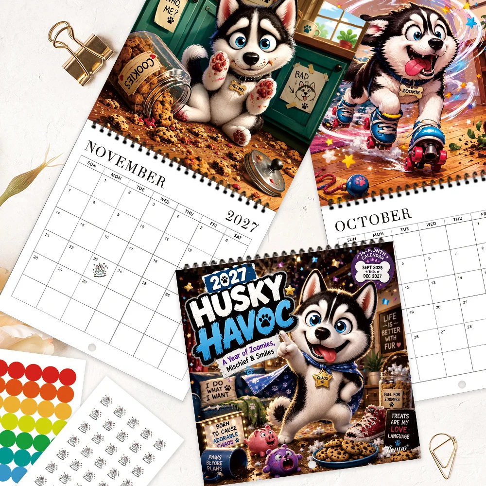 1pc 2027 Chibi Husky Fun Wall Calendar,12‑Month Planner,Gift For Back‑to‑School,Christmas,New Year,Free Stickers Included