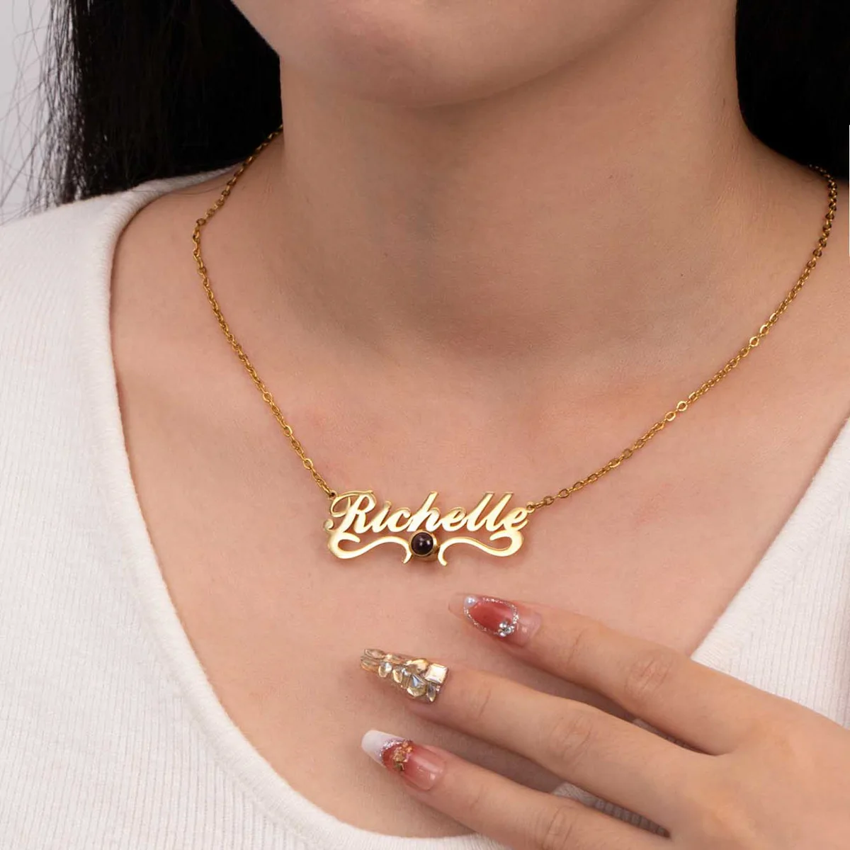 

Personalized Name Necklace With Photo Projection Pendant Chain Custom Stainless Steel Nameplate Jewelry Memorial Gift for Women