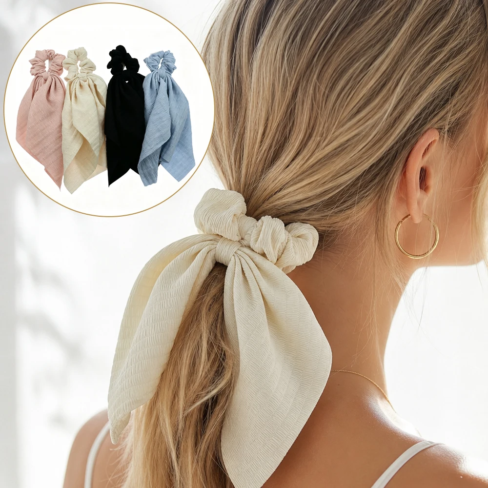 Elegant Bow Scarf Hair Scrunchie Women Soft Crinkled Cloth Long Tail Elastic Hair Band