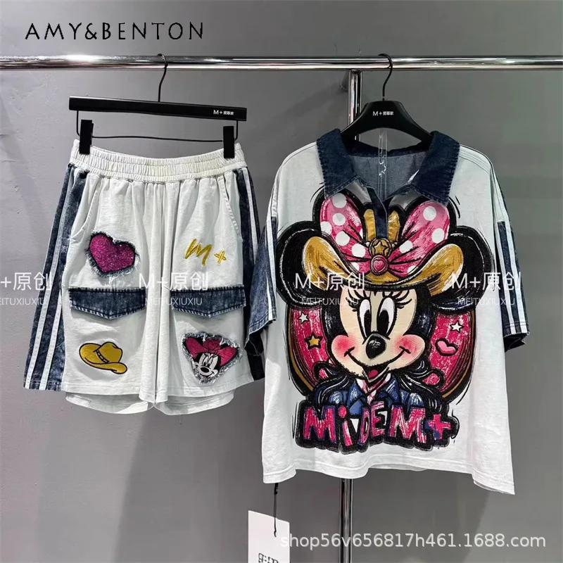 

Heavy Industry Sweet Cute Design Cartoon Anime Short-sleeves T-shirt Top + Elastic Waist Wide-leg Shorts Two-pieces Set Outfits