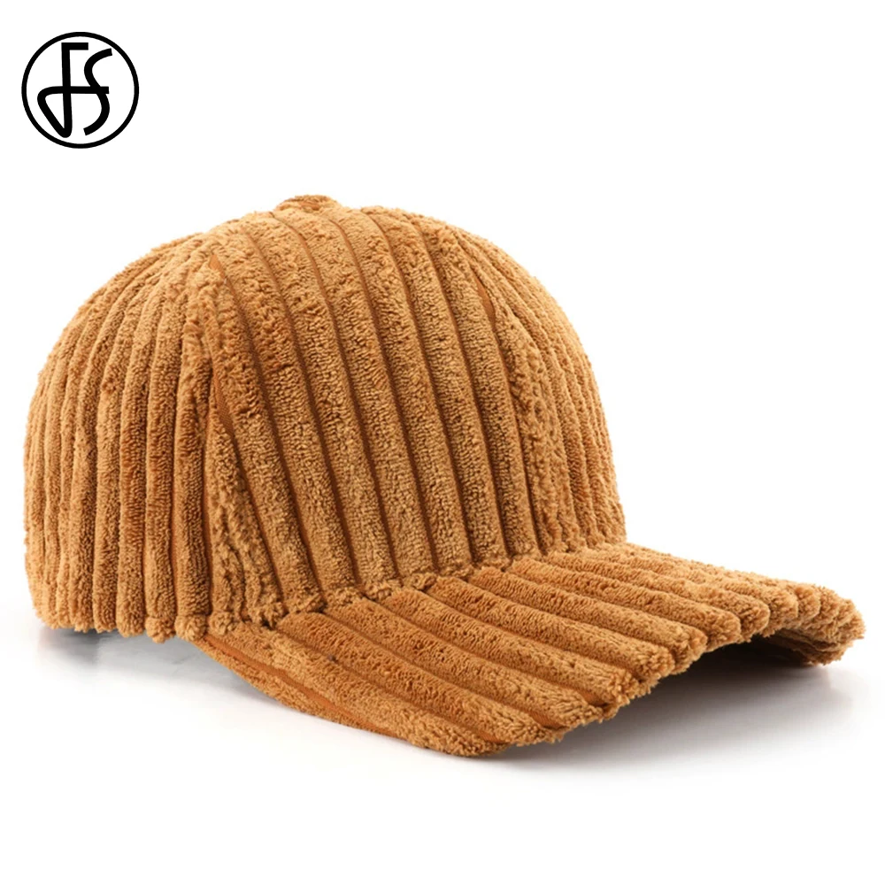 FS Windproof Winter Corduroy Hat For Women Men Stylish Red Yellow Striped Baseball Cap Thicken Plush Trucker Hats Gorras Hombre