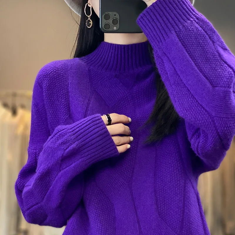 100% pure wool half high neck cashmere sweater women\'s loose heavy fried dough twist autumn and winter pullover sweater bottomin