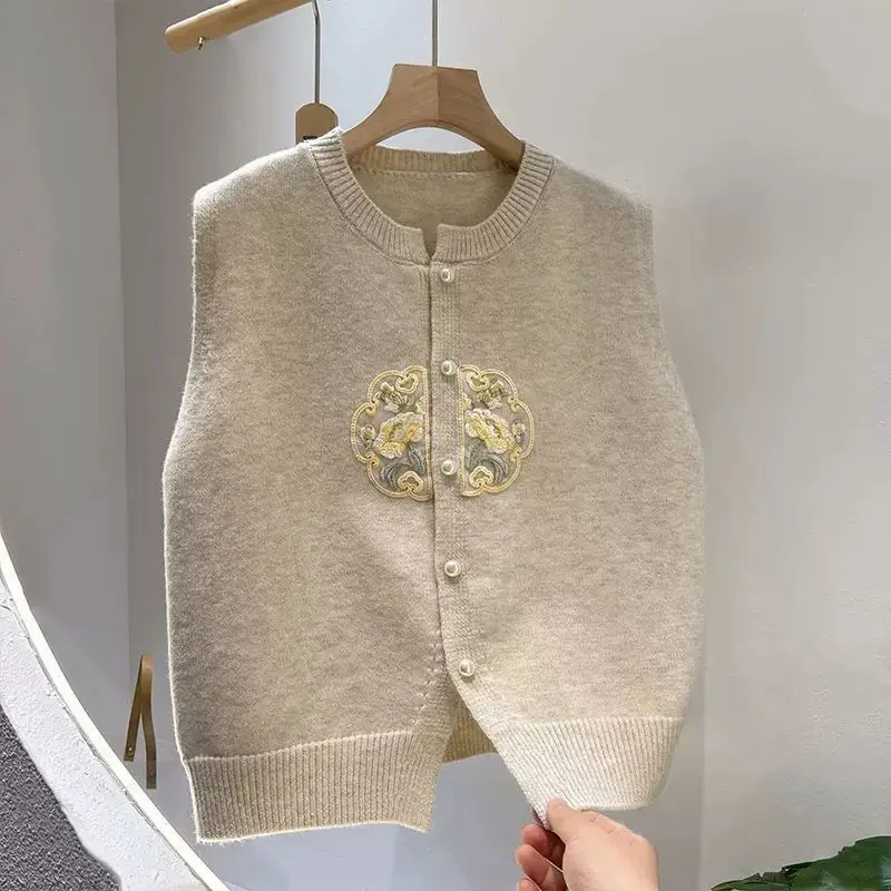 春と秋の新作カーディガン刺繍ラウンドネック新中国風ニットベストレディース2025ルーズトップス