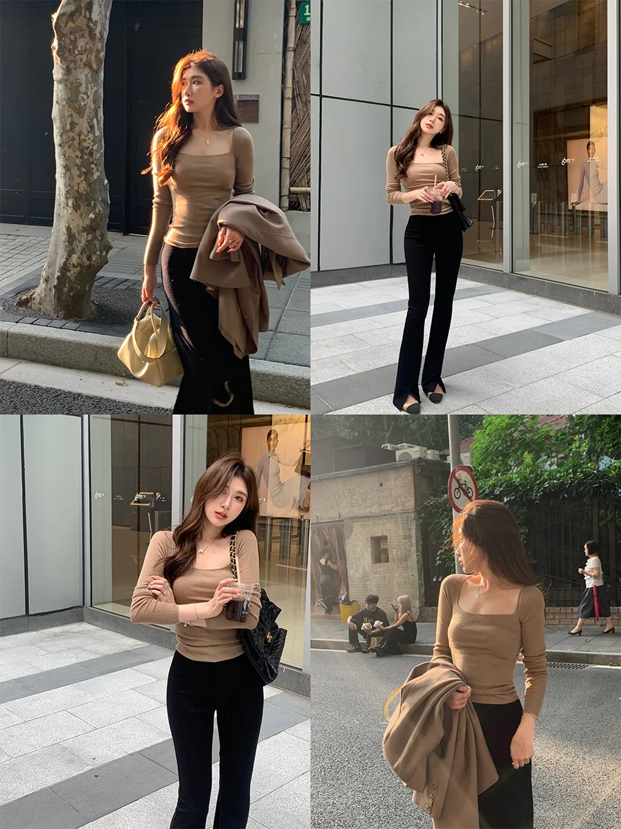 

Sexy Wool Camere Long Sve High Collar Square Collar Base irt Slim Fit ACHI Women's Knitted Top Commute Sle Pure Color