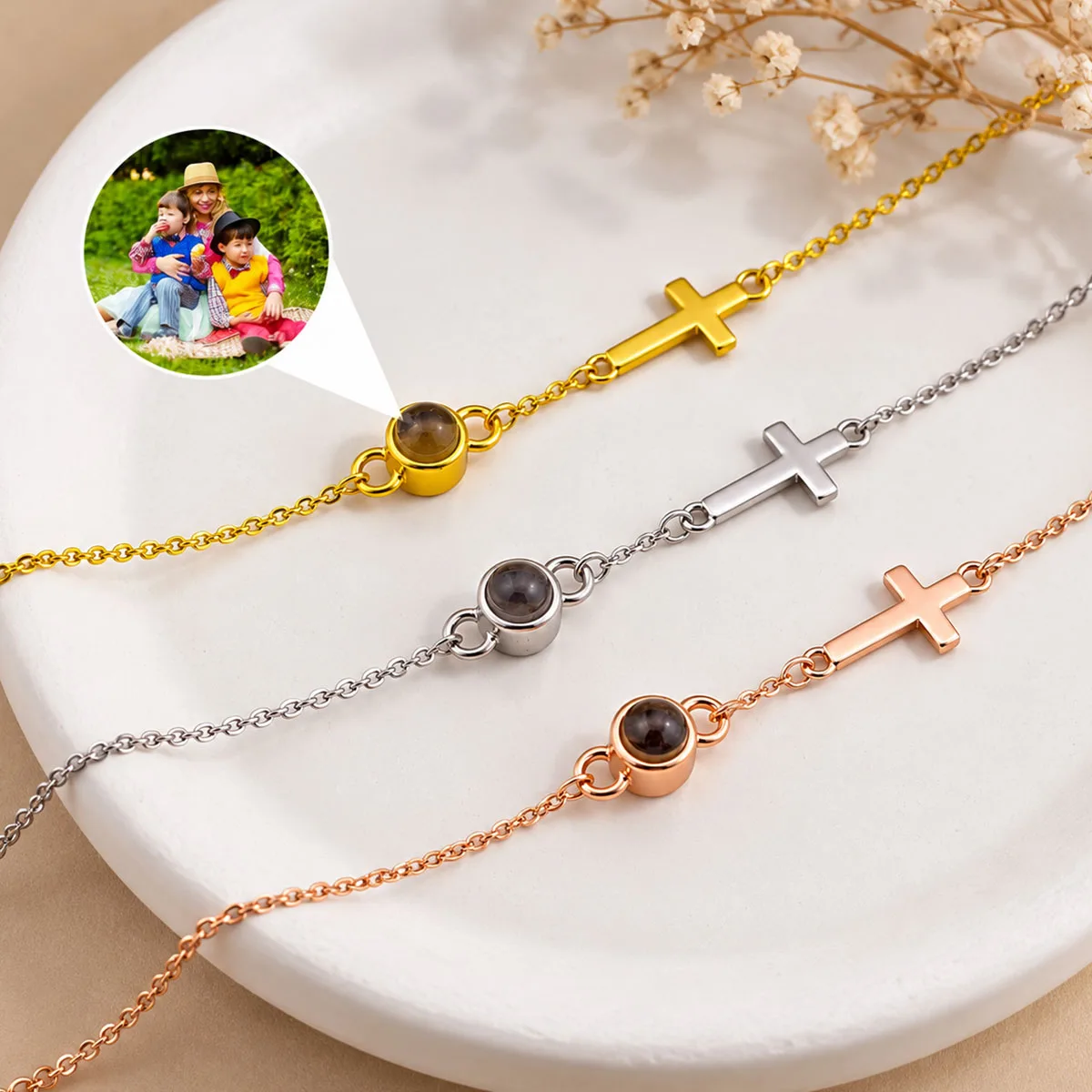 Custom Photo Projection Bracelet with Cross Personalized Pet Family Photo Bracelet Exquisite Memorial Image Jewelry Gifts