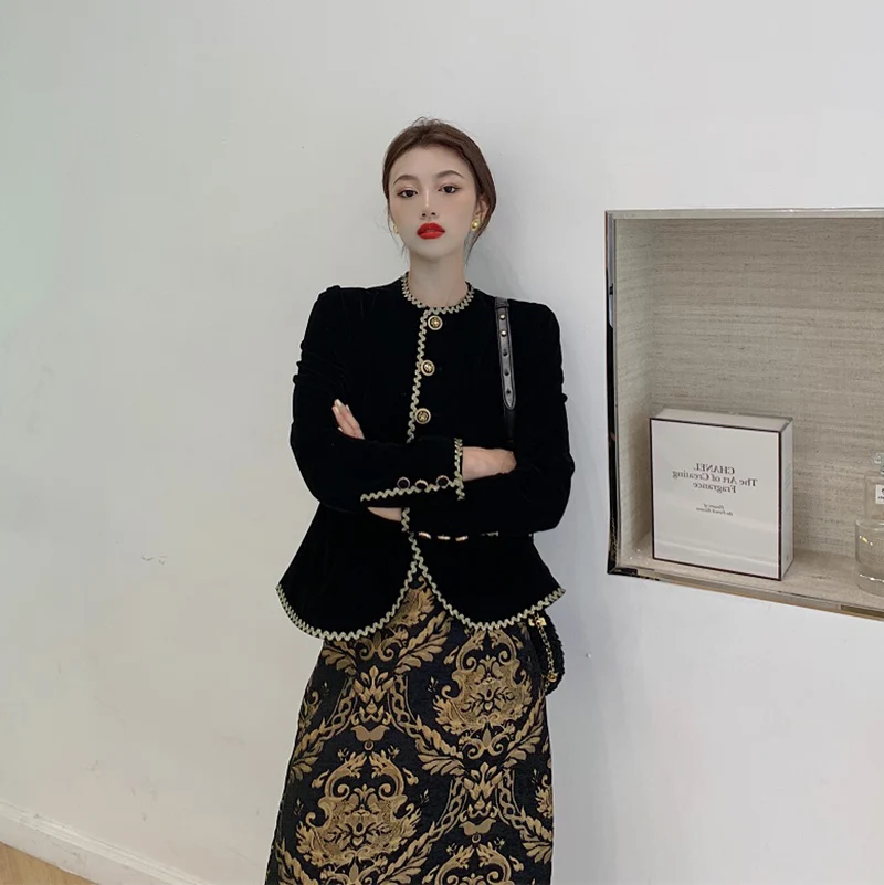 

plus Size Vintage Court Lady Set Women's Autumn Winter New Sle Slimming Velvet Open Cardigan Outerwear Ele Commute Sle