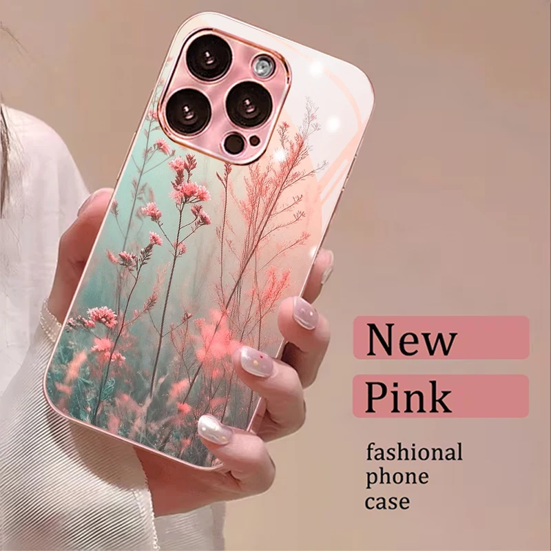Pastel Wildflower Mist Electroplated Pink Glass Phone Case For iPhone 18 11 12 13 14 15 16 17 Pro Max Plus 17Air 16E Back Cover