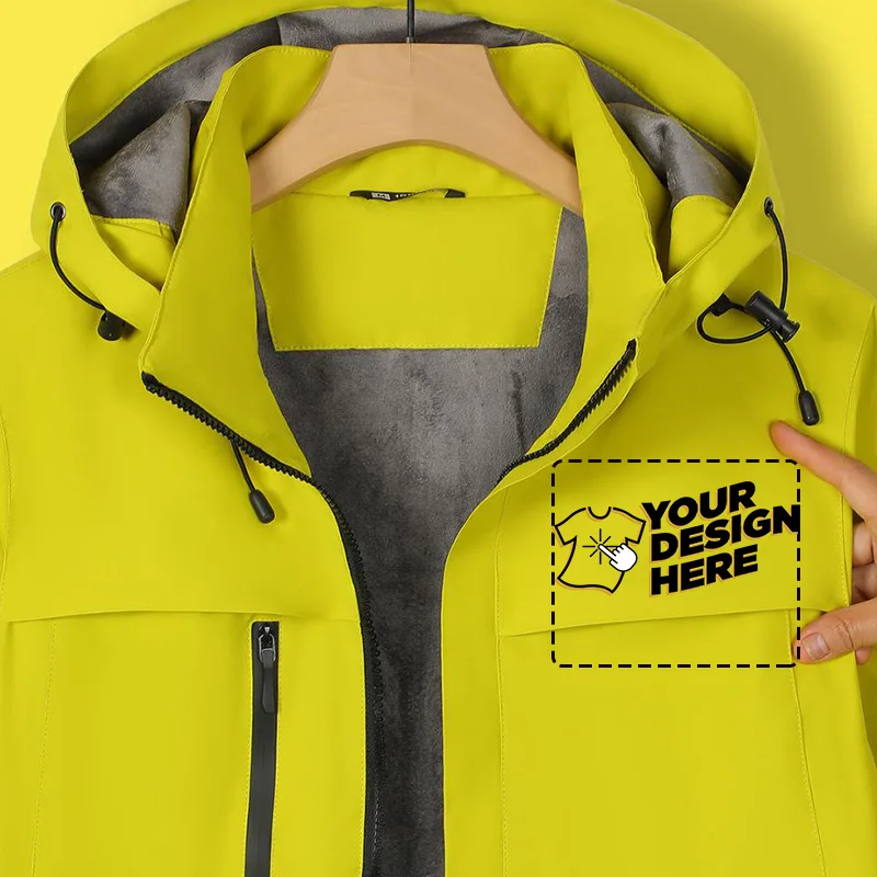 Logo gratuito personalizza giacca termica resistente - Cappotto foderato in pile con cappuccio staccabile, fodera in peluche a doppio tessuto 75D invernale all'aperto