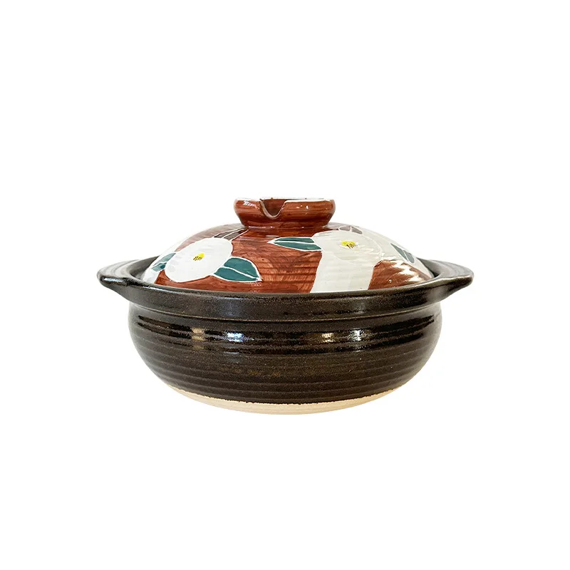 

Japanese-style coarse pottery earth pot Heavy industry hand-painted black tea flower casserole