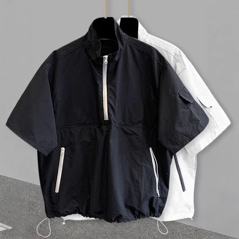 Summer Men Korean Stand Collar Half Zip Short Sleeve T Shirt Loose Workwear Top Breathable All Match Daily Office Street Casual