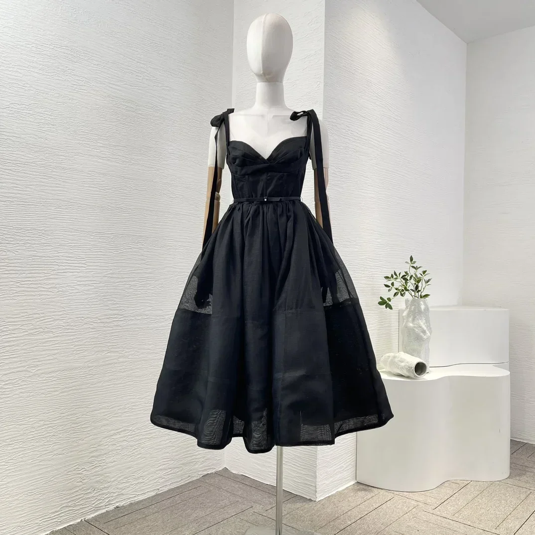 Linen Silk High Quality 2024 New Vintage Hot High Quality Black Sleeveless Bow Women Spaghetti Midi Dress