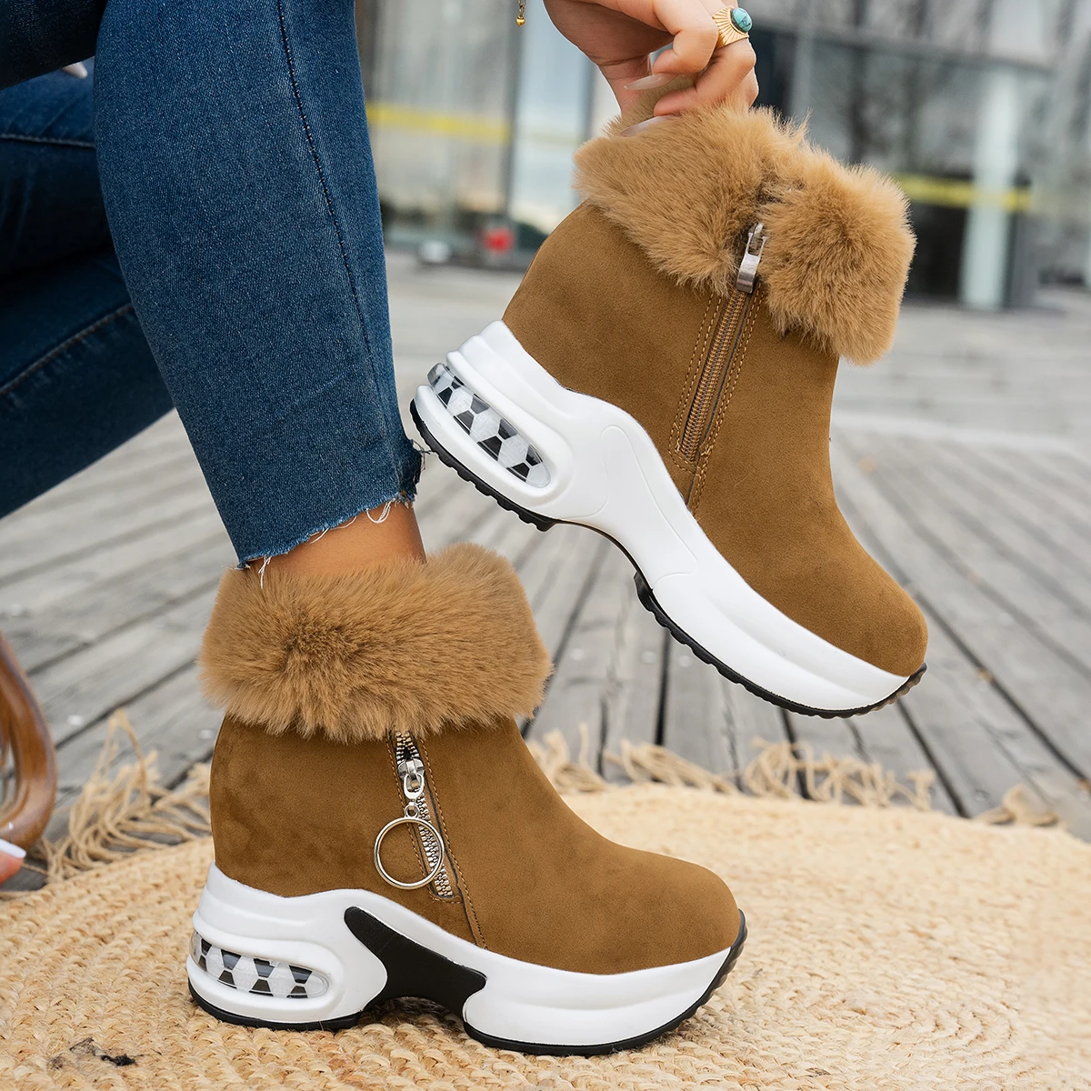 Women Ankle Boot Fashion Retro Zipper Warm Fuzzing Plus Winter Snow Boots Woman Comfortable Internal Increasing Shoes for Women