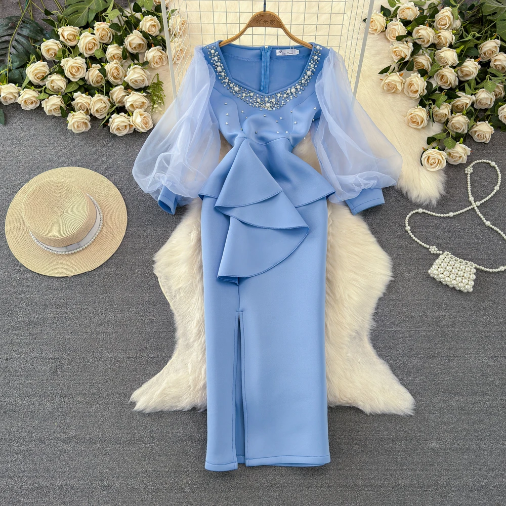 Socialite Women Rhinestones Dresses for Women Party 2024 New Woman Lantern Long Sleeve V-Neck Cinched Ruffled Split Sheath Dress