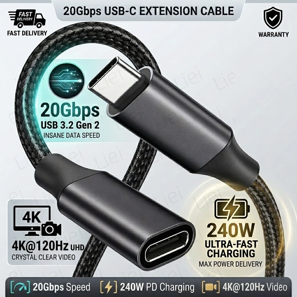 Câble d'extension USB C 20 Gbps 240 W USB 3.2 4K@120Hz Type C, cordon vidéo mâle-femelle pour Hub PS VR2 iPhone MacBook Switch