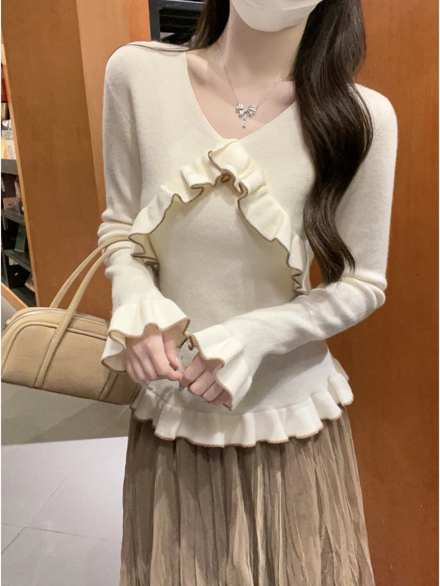 

Корейский Sle Sweet Soft V-Ne Design Bell Sve трикотаж женский осенне-зимний утягивающий модный новый поступление вязаный свитер