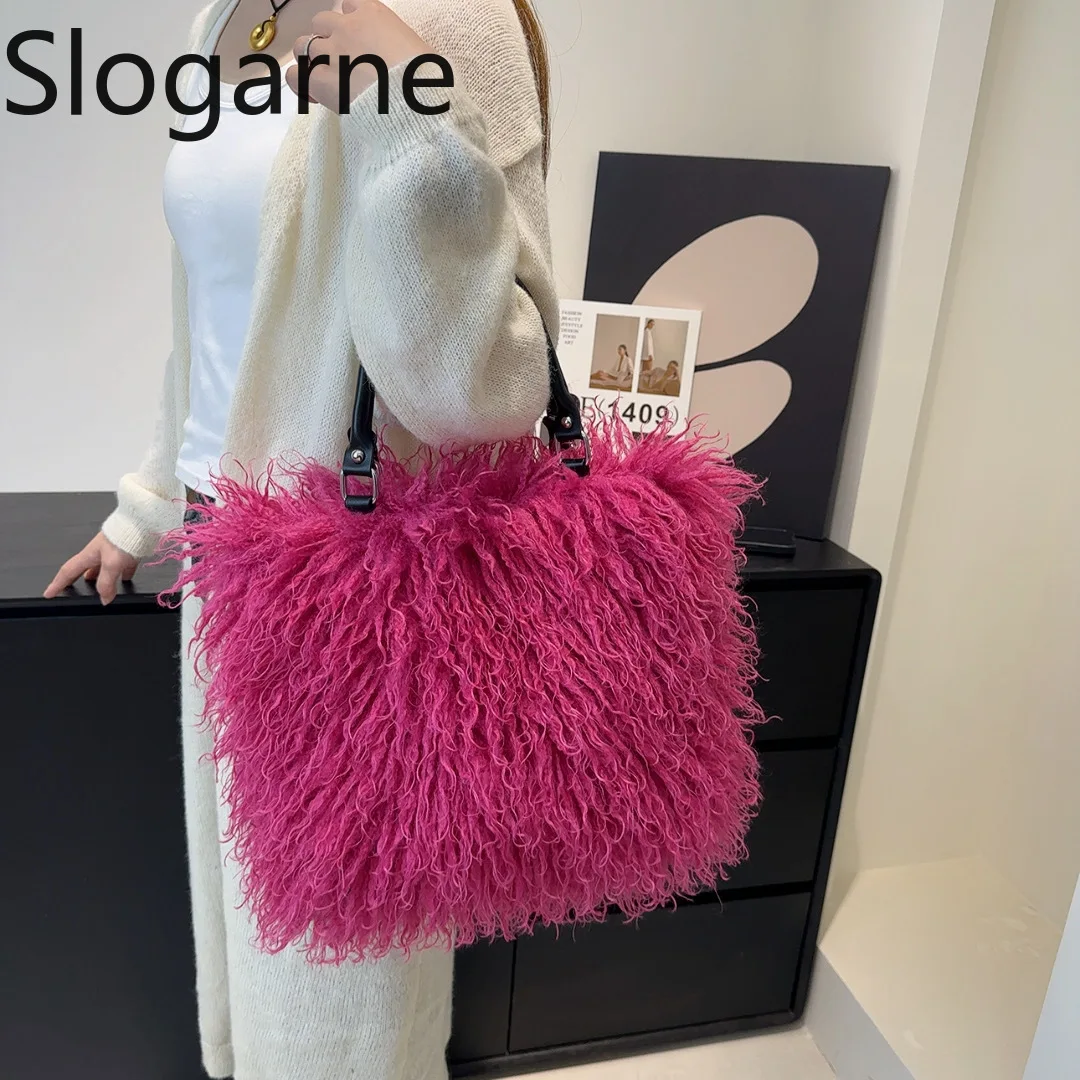 Tas Tangan Bulu Seksi Wanita 2026 Hadiah Tahun Baru Tas Tote Bulu Mongolia Fashion Wanita Tas Selempang Bulu Mewah Musim Dingin