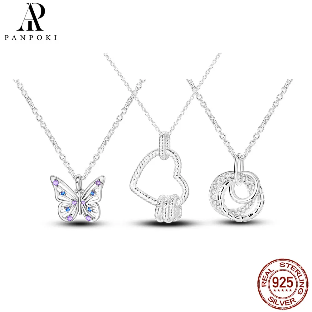 HOT 9 Style Sterling Silver 925 Pendant Necklace for Women Heart Butterfly Round Sparkling Pave CZ Wedding Ladies Jewelry 50cm