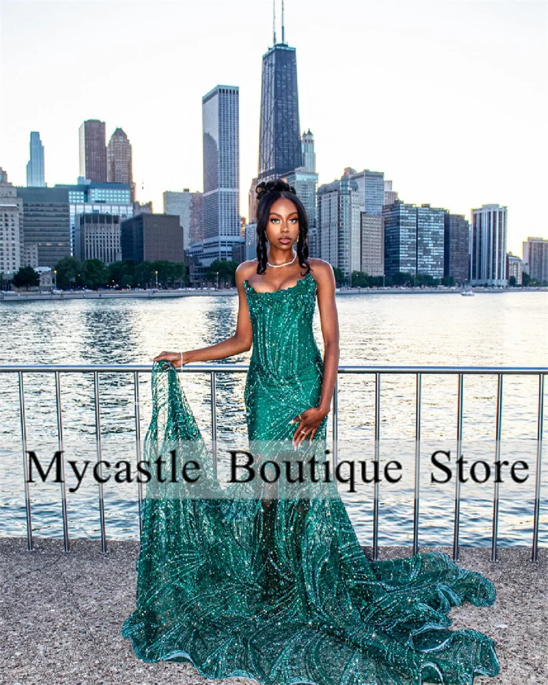 Green Lace Beaded Long Mermaid Prom Dress For Black Girl 2024 New Arrivals Evening Dresses Wedding Party Gown Lace up