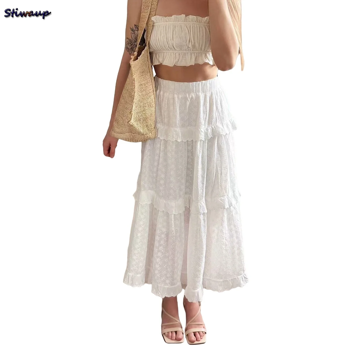 Women's White Layered Skirt 100% Cotton Fashion Casual Long Skirts for Woman 2025 New Collection Korean High Quality Clothing