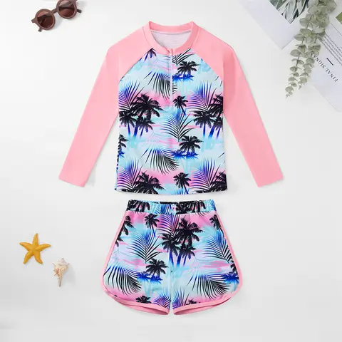 Girls Two Piece Swimwear Long Sleeve Rash Guard Shirts Quick-Dry Bathing Suit Summer Beach Wear